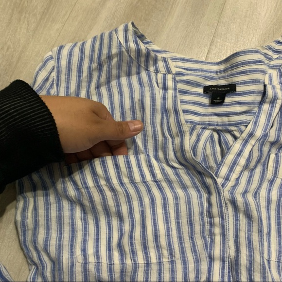 Ann Taylor 100%LINEN Blue White Striped Top Sz S - Picture 8 of 9